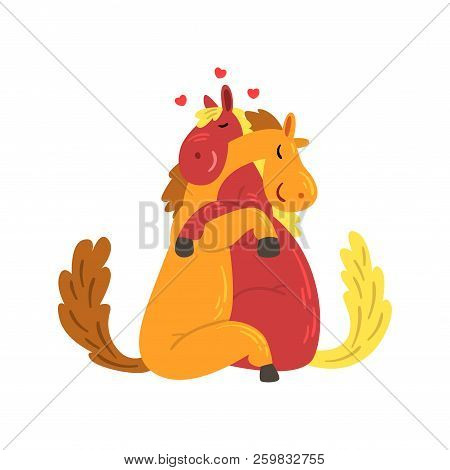 Couple Of Horses In Love Embracing Each Other, Two Happy Aniimals Hugging Vector Illustration On A W