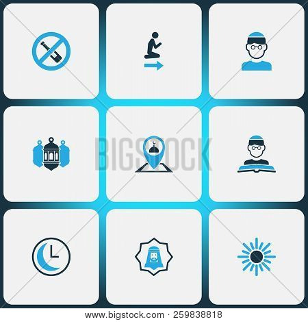 Ramadan Icons Colored Set With Mullah, Clock, Human And Other Arabian Elements. Isolated  Illustrati
