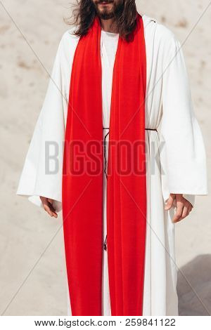 Cropped Image Of Jesus In Robe And Red Sash Standing In Desert