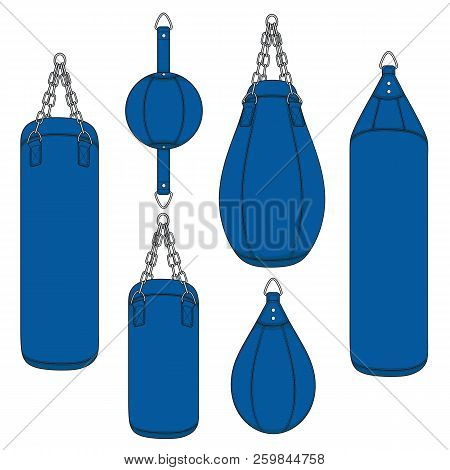 Set Of Color Illustrations With A Blue Punching Bag, Boxing Pears. Isolated Vector Objects On White 