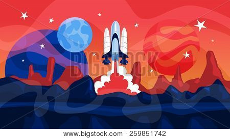 Space Rocket Launch With Planets On Background.