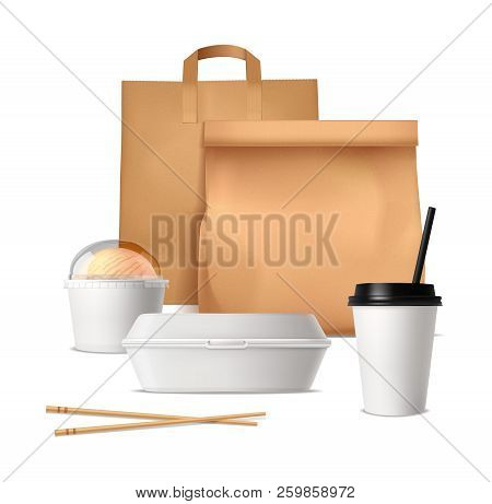 Fast Food Package Design Concept With Paper Bags Plastic Containers And Glasses For Drinks And Ice C