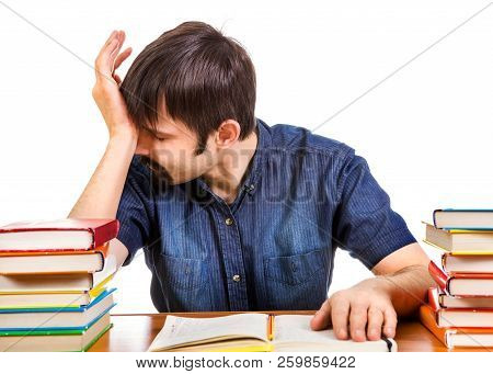 Tired Student On The School Desk Isolated On The White Background