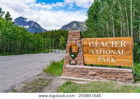 Babb, Mt - June 26, 2018: Welcome Sign At The Entrance To Glacier National Park, Montana