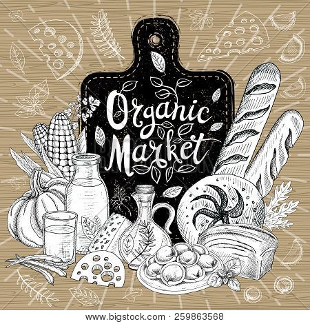 Organic Market, Logo Design, Healthy Food Shop. Vegetables, Fruits, Meat, Milk, Eggs, Bread. Organic