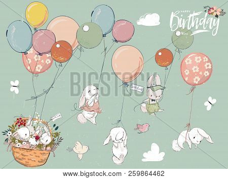 Little Vector Hares Set Fly With Balloon.