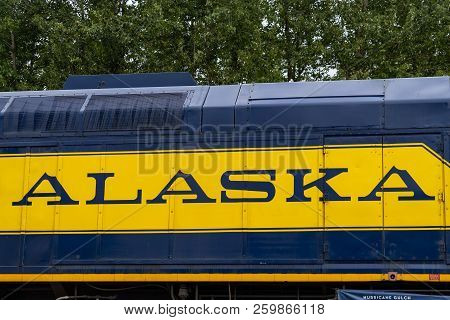 August 10 2018 - Talkeetna Alaska: Alaska Railroad Train Car With The Traditional Logo In The Center