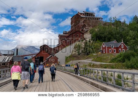 August 12 2018 - Kennecott Alaska: A Tour Group Walks Into The Abandoned Copper Mine, Kennecott Mine
