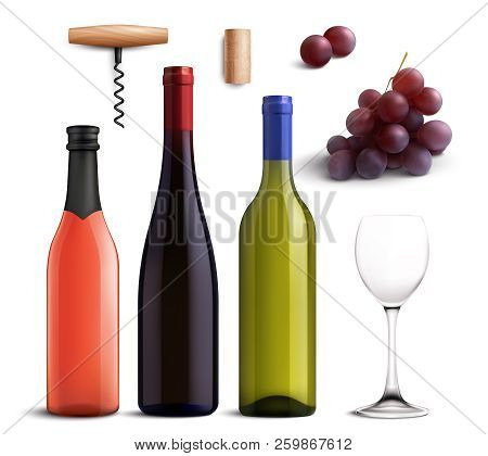 Wine Realistic Set With Red And White Wine Isolated Vector Illustration