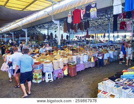Bodrum, Turkey - July 6, 2018. Citizens shopping in Bodrum market, Kapali Pazar Yeri, at downtown. Mugla Province, Turkey.