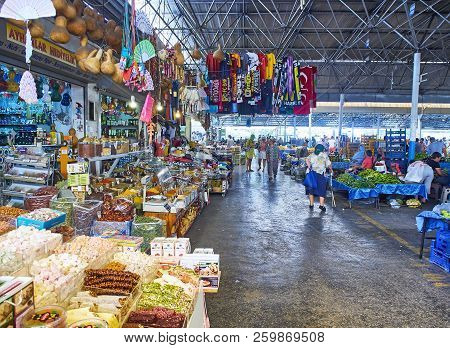 Bodrum, Turkey - July 6, 2018. Citizens shopping in Bodrum market, Kapali Pazar Yeri, at downtown. Mugla Province, Turkey.