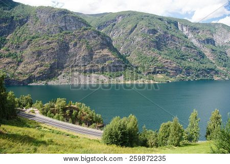 Aerial View Of Majestic Landscape With Beautiful Mountains And Aurlandsfjord, Flam Aurlandsfjorden ,