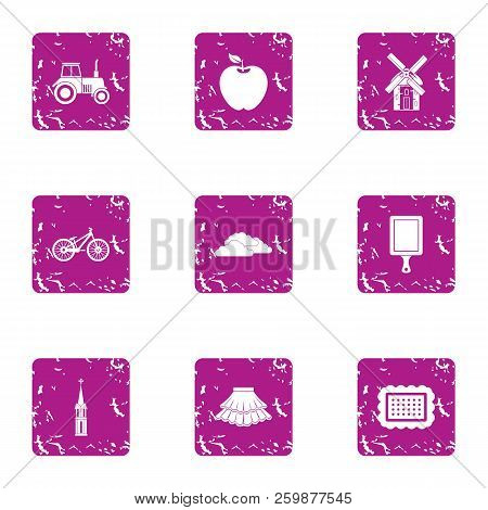 Village Transport Icons Set. Grunge Set Of 9 Village Transport Vector Icons For Web Isolated On Whit