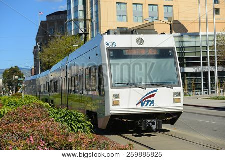 San Jose, Ca, Usa - Mar. 12, 2014: Vta Light Rail At Convention Center Station In Downtown San Jose,