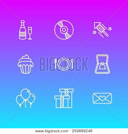 Vector Illustration Of 9 Banquet Icons Line Style. Editable Set Of Firework, Muffin, Cd And Other Ic