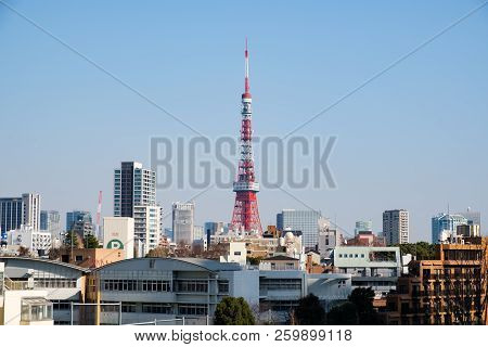 Tokyo, Japan - 15 Feb 2018: Tokyo Tower Eiffel Replica Structure And Cityscape From Roppongi At Dayt