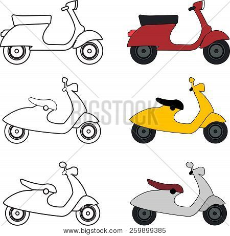 Set Of Three Colorful Vector Handdrawn Paint Of Italian Moped On A Lightgray Background, Plus Line A