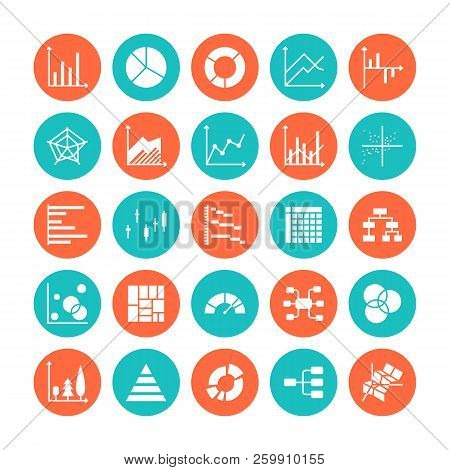 Chart Types Flat Glyph Icons. Line Graph, Column, Pie Donut Diagram, Financial Report Illustrations,