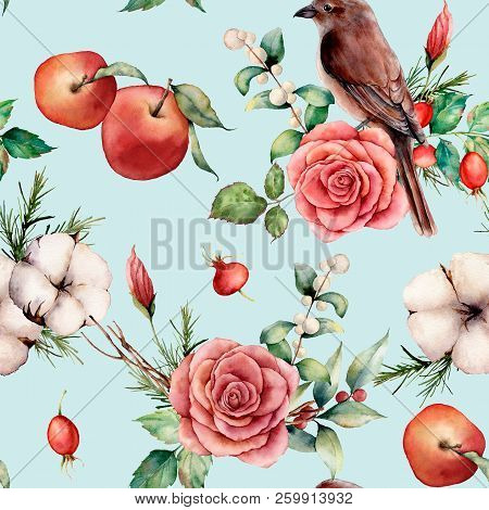 Watercolor Seamless Patttern With Bird And Apple. Hand Painted Floral Illustration With Cotton, Appl