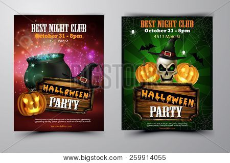 Halloween Party Flyer Set With Pumpkins, Hat, Pot Skull And Wooden Board Vector