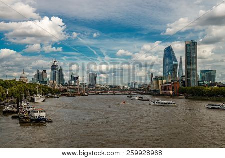 London, Uk - September 15, 2018: View Of The East London Skyline From Waterloo Bridge.