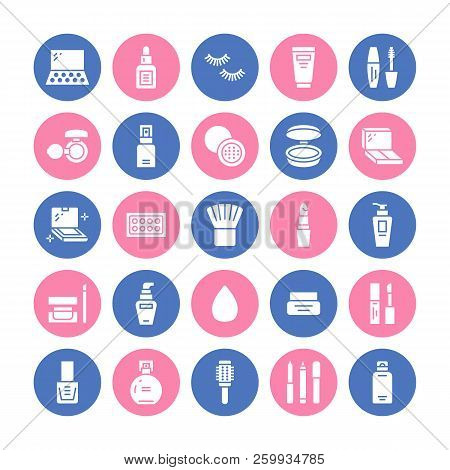 Makeup Beauty Care Flat Glyph Icons. Cosmetics Illustrations Of Lipstick, Mascara, Powder, Eyeshadow