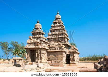 Tempio della spiaggia famosa a Mamallapuram, Tamil Nadu, India