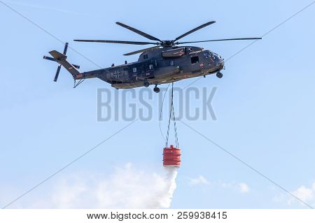 Berlin / Germany - June 28, 2018: Sikorsky S-65, Ch-53 Transport Helicopter From Bundeswehr Flies Wi
