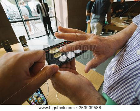 Strasbourg, France - Sep 21, 2018: Senior Man Using Garageband Music Creation App On The New Iphone 