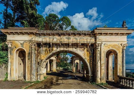 Old Observation Deck. Abandoned Sight Place With Colonnade, Sukhum, Abkhazia.