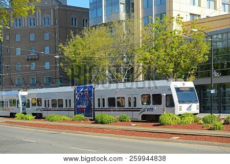 San Jose, Ca, Usa - Mar. 12, 2014: Vta Light Rail At Convention Center Station In Downtown San Jose,