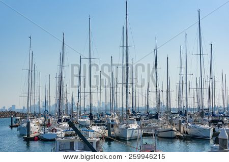Melbourne, Australia - April 6, 2017: Yachts And Boats On Berth, Anchorage On Brighton Beach Moorage
