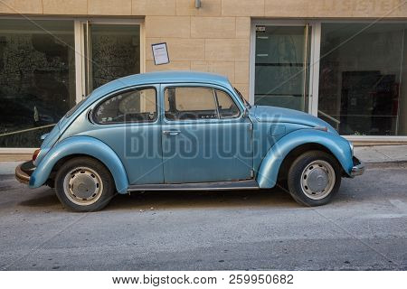 City Valleta, Malta, Europe. Old Car At City Street, Urban View. Travel Photo 2018 September.