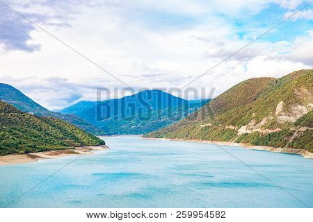 Mountains And Lake, Dam In The Mountains. Zhinvali Water Reservoir. Zhinvali Dam