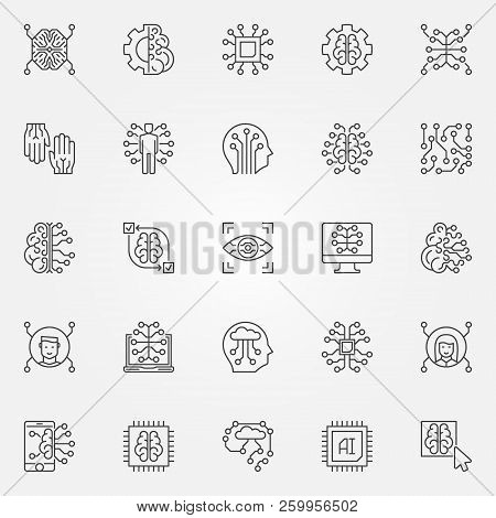 Artificial Intelligence Outline Icons Set. Ai Technology, Cyberbrain, Eye, And Brain Concept Symbols
