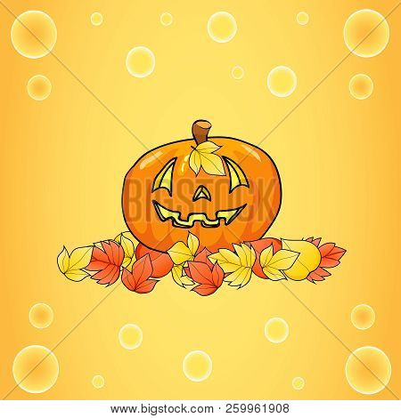 Halloween Pumpkin On A Yellow Background In The Autumn Leaves.