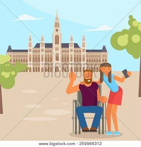 Healthy Active Lifestyle Young Family. Disabled Man In Wheelchair And His Wife Characters Travel. Vo
