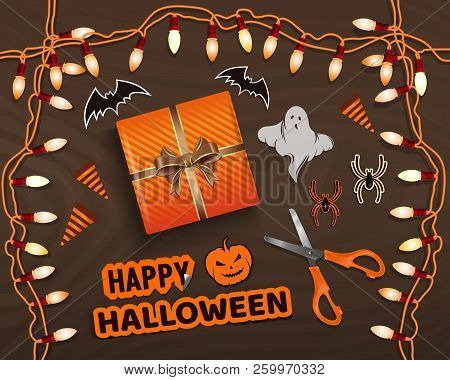 Preparing For The Celebration Of Halloween. Happy Halloween. Table With Gifts For Halloween View Fro