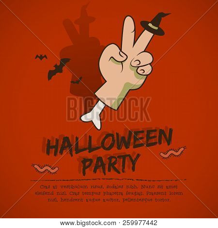 Halloween Party Leaflet With Flying Bats Hand With Victory Gesture And Witch Hat On Finger On Red Ba