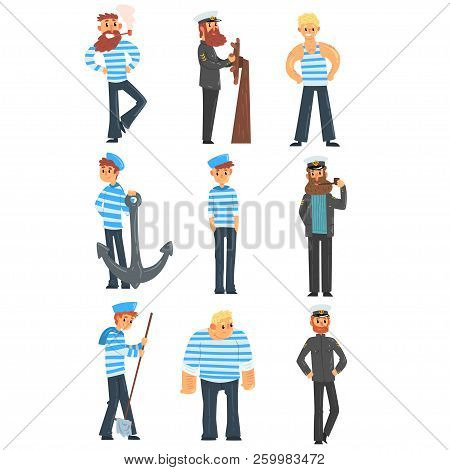 Sailors And Captains Doing Their Job, Seamen Characters In Uniform Vector Illustration On A White Ba