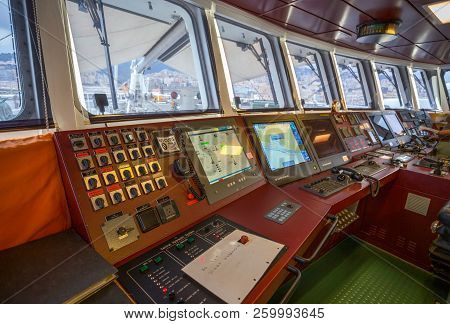 Genoa (genova), Italy June 23, 2017 - The Bridge (helm) Dashbord Of The Greenpeace Raimbow Worrior B