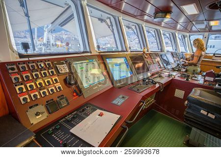 Genoa (genova), Italy June 23, 2017 - The Bridge (helm) Dashbord Of The Greenpeace Raimbow Worrior B