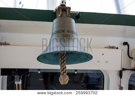 Genoa (genova), Italy June 23, 2017 - The Bell On Board Of The Greenpeace Raimbow Worrior Boat.