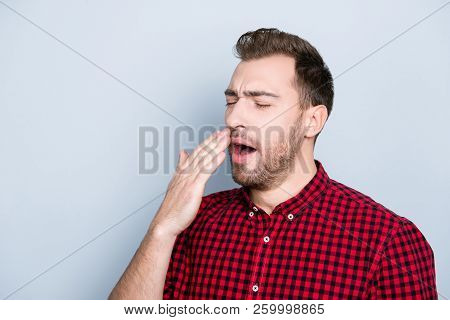 Portrait Of Sleepy Tired Passive Clothed In Casual Red Checkered Shirt Outfit He Caugth A Cold And W
