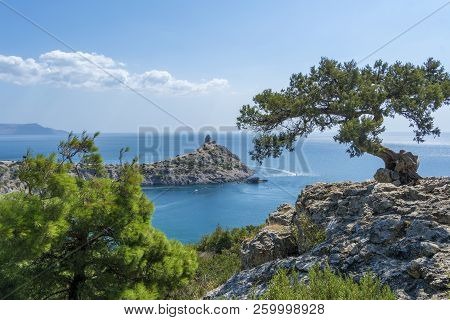 View Of The Crimean Coast. The View From The Mountains On The Novyi Svet, A Cape Kapchik. The Trees 