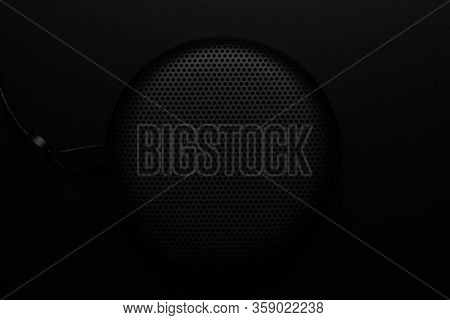 Metallic Background With Perforation Of Round Holes. Black Metal Texture With Round Holes. Industria