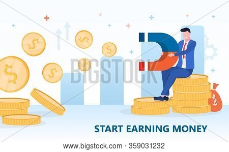 Illustrated Money Magnet Concept With Business Man On Pile Of Money. Colorful Vector Illustration