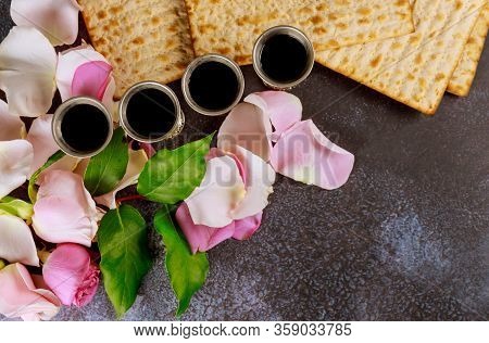Matzoh Passover Jewish Holiday Celebration Matzoh With Kiddush Four Cup Of Red Kosher Wine On Fresh 