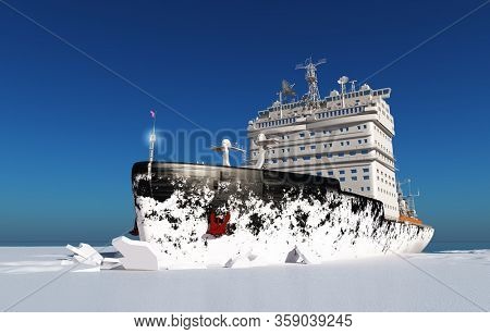 Icebreaker ship on the ice in the sea.,3d render