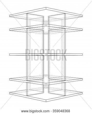 Empty Showcase Outline. Vector Rendering Of 3d. Wire-frame Style. The Layers Of Visible And Invisibl